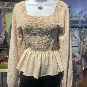 White Birch Beige Smocked Peplum Blouse